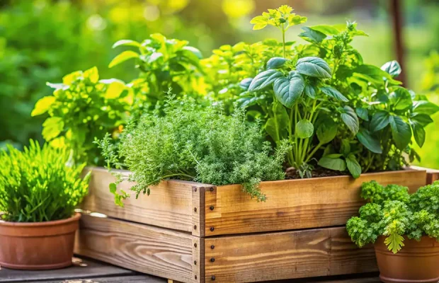 Edible Gardening-herbs in containers with garden behind