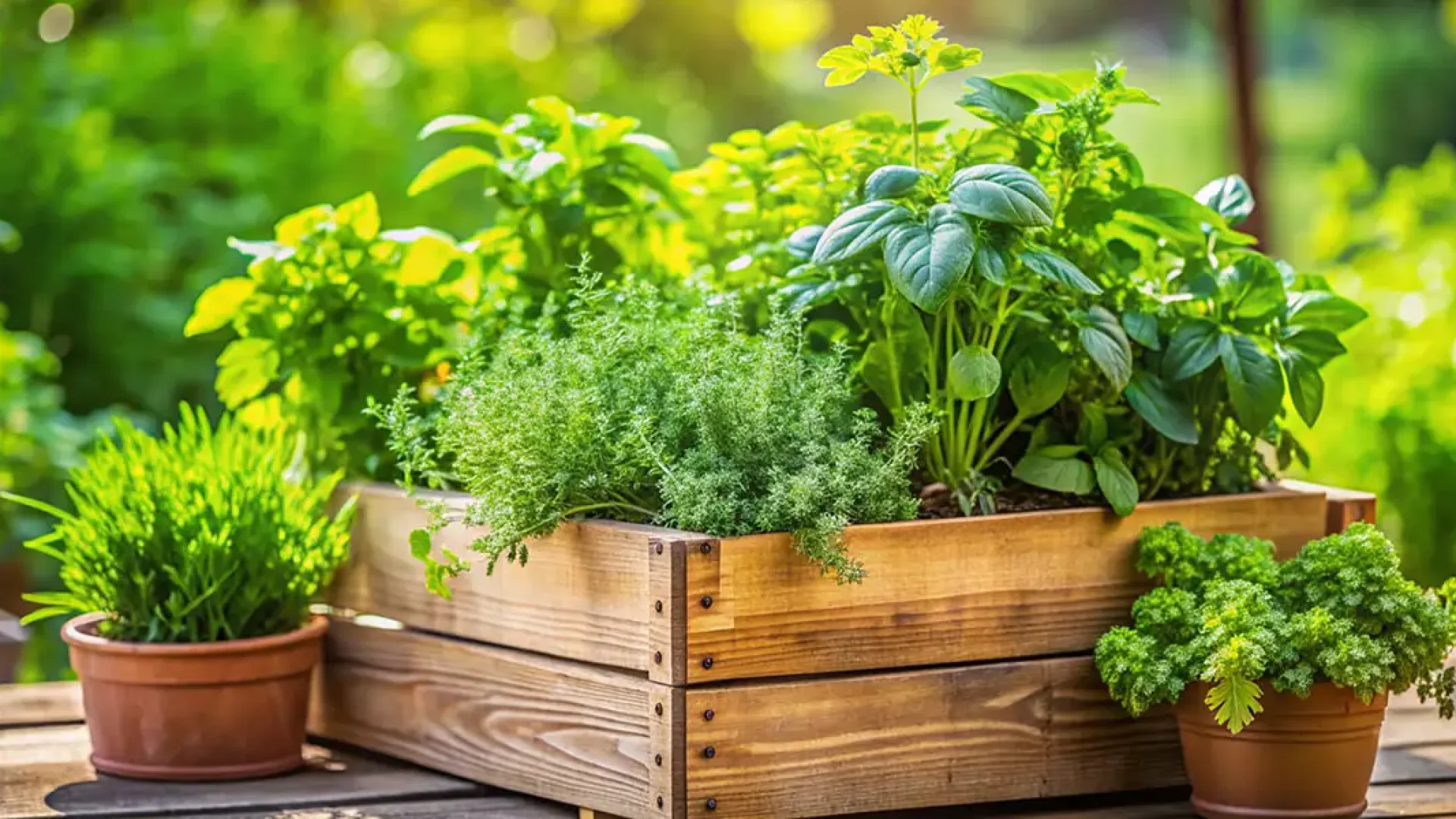 Edible Gardening-herbs in containers with garden behind
