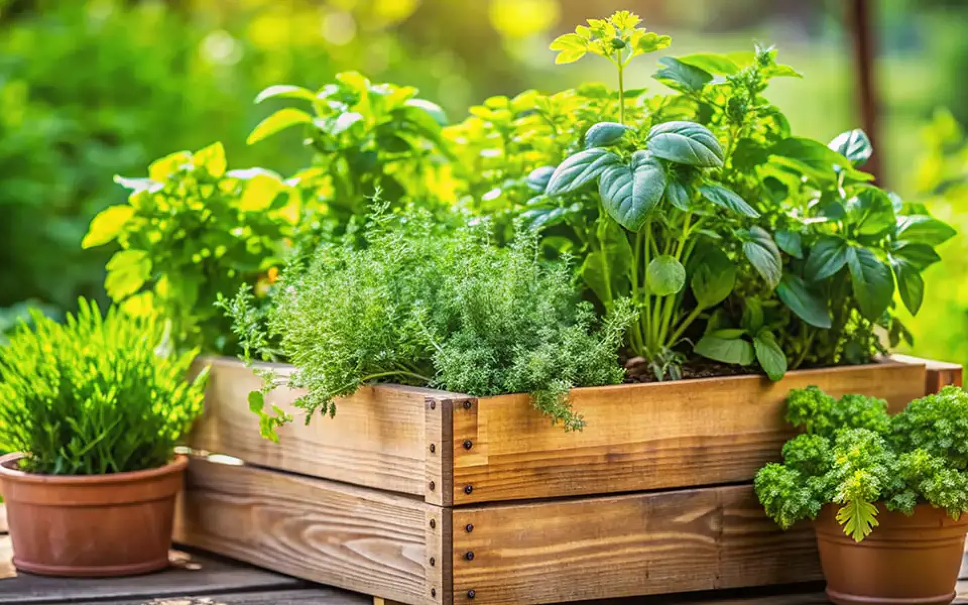 Edible Gardening-herbs in containers with garden behind