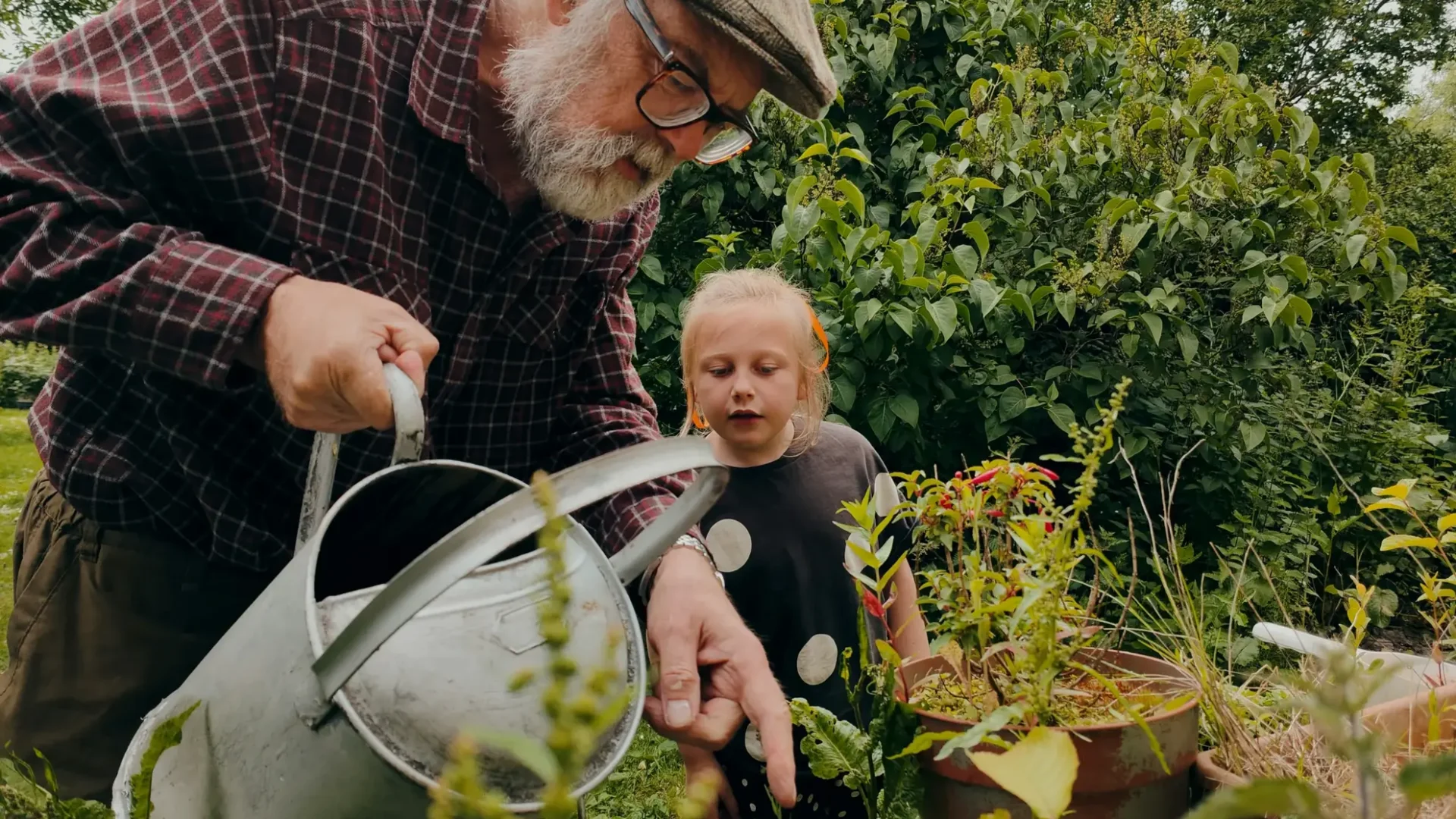 Gardening-Lifestyle-Grandfather-Granddaughter-Watering